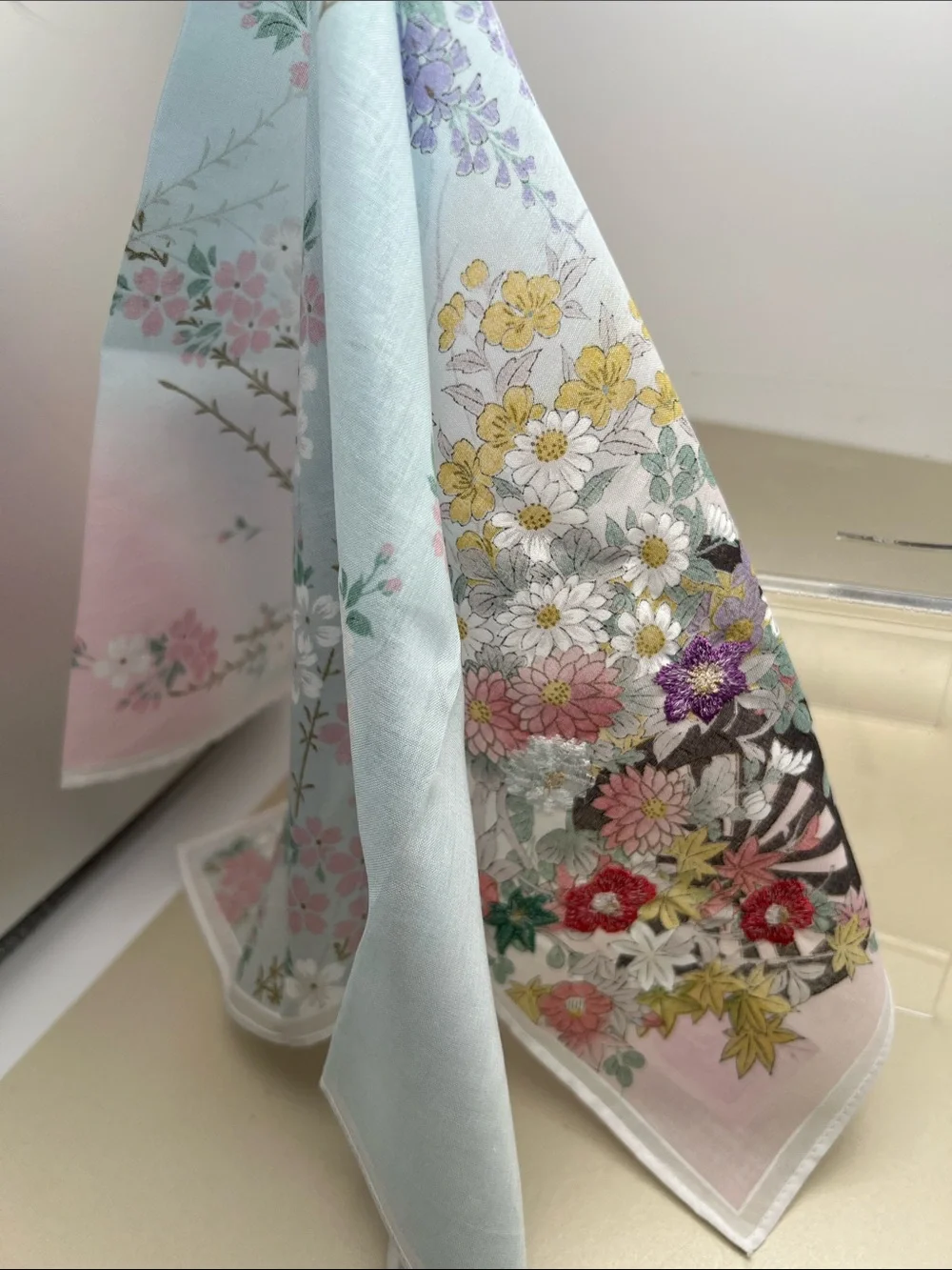 Scarf/Handkerchief Japan Festival Float Embroidered Cotton Pink/Light Blue NWT